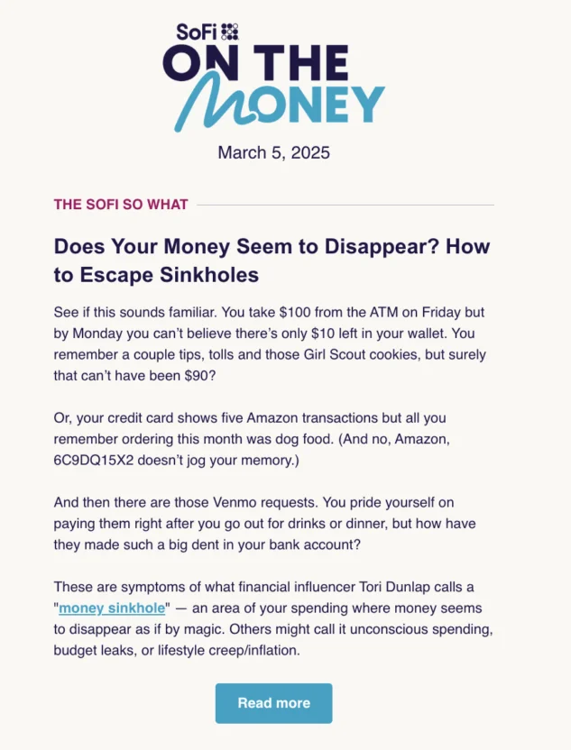 A financial education email newsletter from SoFi